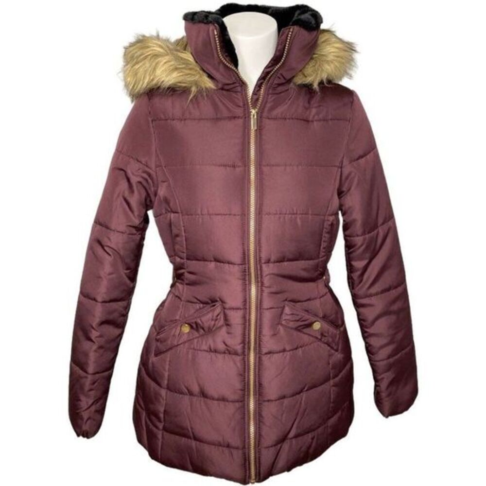Celebrity Pink Hooded Puffer Coat Women's SMALL Dark Wine Red Faux-Fur Lined NEW